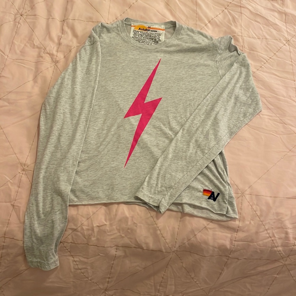 Aviator Nation Heather Gray Tee with Vibrant Pink Bolt